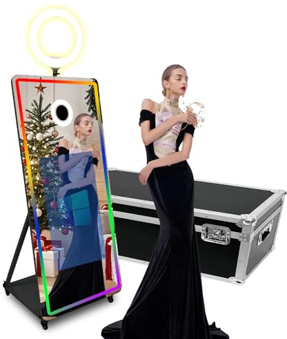 Magic Mirror Appareil photo à écran tactile de 65 à 81 cm avec lumière RVB, impression d'idées et partage pour événement, location et fête (noir + anneau lumineux, machine)