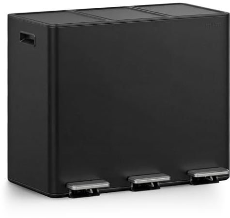 mVm Cestino da Cucina, Pattumiera Differenziata 3 Scomparti, 3 x 15L, in Acciaio Inossidabile, Secchi Interni Rimovibili, Chiusura Ammortizzata con Coperchio, per Cucina, Ufficio, Nero