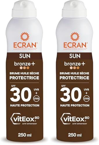 ECRAN® - Brume Huile Activatrice de Bronzage - Haute Protection - Technologie vitEox80 - Vitamine E - Protection UVA, UVB, Lumière Bleue, Coups de Soleil - Protection Solaire SPF 30 - Bronzage naturel