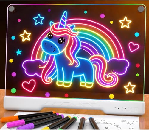 Tabla de Dibujo LED 16 Pulgadas Recargable, Pizarra Neon Art de Borrado en Seco con 7 Modos de Color y Brillo Ajustable, Juguete Creativo y Regalo para Niños, Niñas y Adolescentes
