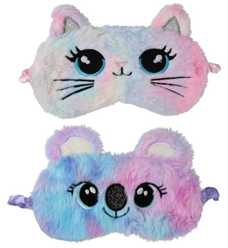 2 Stück Schlafmaske Kinder, Niedliche Tierformen Augenmaske, Weicher Plüsch Eye Mask, Geeignet Für Jungen Und Mädchen, Für Reisen, Zum Mittagsschlaf Und Als Partyzubehör(Lila Koala, Bunte Katze)