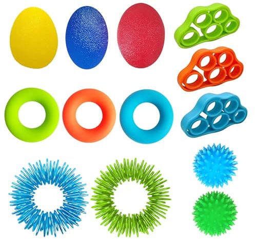 13 Stück Handtrainer Fingertrainer Set, Hand Trainer & Knetball für Hände Therapie, Anti Stress Spielzeug für Rehabilitation, Fingerhantel Griffbälle & Massageringe zur Stärkung der Hände