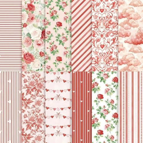 PORUPAEL 24 ark scrapbokspapper – blommönstrade decoupage-pappersark, rosa-temade mönstrade kartongblock för scrapbokning, korttillverkning, gör-det-själv-projekt och presentinslagning (Blommor-I)