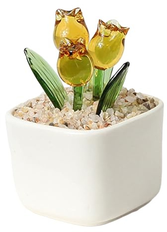 Handgefertigte Blumenfigur aus geblasenem Glas, Mini-Kunstkristall, Tulpenstrauß im Topf für Frauen, Mutter, Hochzeit, Muttertag, Büro, Zuhause
