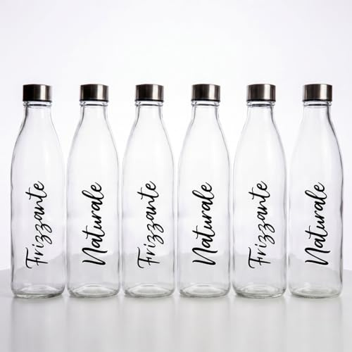 INTRECCI Set 6 Bottiglie da 1 Litro con Tappo Acciaio Inox - Design Moderno - Naturale e Frizzante - Ideali per Tavola, Acqua e Bevande - 100% Vetro Certificate Food Contact – Colore: Nero