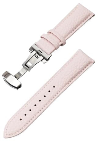 yingyingjia Kalvskinnsarmband Litchi Grain-rem Klocktillbehör 18/20/22/24 mm Armband i äkta läder med fjärilsspänne(Pink,20mm)