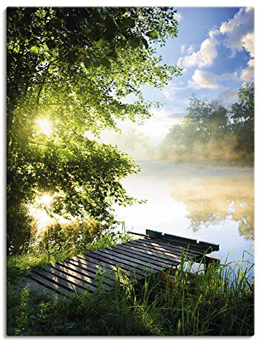 ARTLAND Wanddeko Leinwand Bilder Wandbild 45x60 cm Natur Landschaft Wald Baum See Steg Sommer Sonne Gräser T0WD