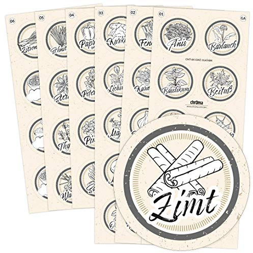 54 graue Gewürzetiketten/Gewürzaufkleber - individuelle Abbildungen der Gewürze - für Regale, Gläser oder Dosen - beschriftet, selbstklebend, Ø 4cm Kreis rund, Farbe: GRAU