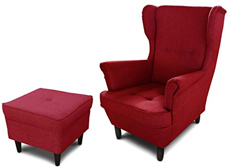 Ohrensessel Sessel King - Lounge Sessel mit Armlehnen - Retro Stuhl aus Stoff mit Holz Füßen - Polsterstuhl für Esszimmer & Wohnzimmer (Rot (Inari 60), mit Hocker)