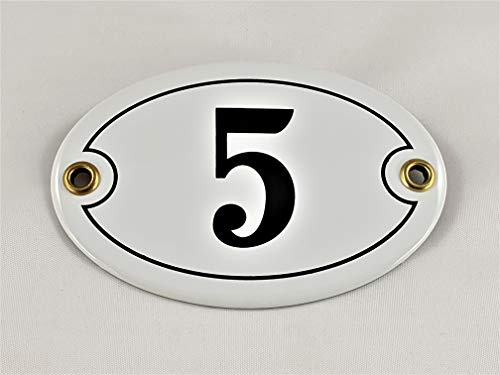 Numero civico smaltato n. 5, ovale, bianco e nero, realizzato a mano