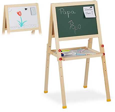 Relaxdays Standtafel Kinder, beidseitig magnetisch, höhenverstellbar, HBT 77x39x44,5 cm, Whiteboard & Kreidetafel, natur