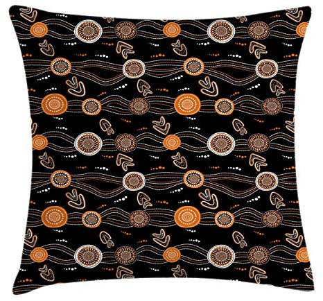 ABAKUHAUS Aboriginal Throw Pillow Cushion Cover, Abstract Rounded Shapes Dotted Wavy Lines and Boomerang Motifs, Decorative Square Accent Pillow Case, 16 X 16 Inches, Grey Orange