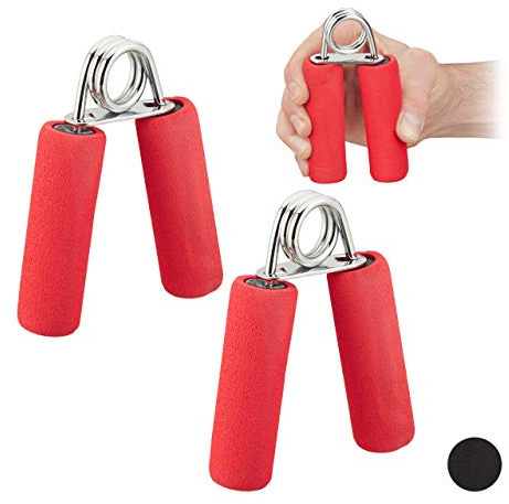 Relaxdays 2 x Fingertrainer, Schaumstoff Griffpolster, Griffkraft Trainer für die Hand, Fingertraining, Eisen Feder, rot