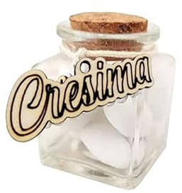 Set bomboniere per cresima 24 Porta Confetti in Varie tipologie (scatoline, provette, barattoli) + 24 Decorazioni in Legno + 24 bigliettini cresima (Barattolino in Vetro (L15154))