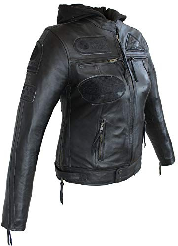 EURO STARS Damen Motorradjacke, Biker Lederjacke, Damen Biker Lederjacke mit Kapuze und Protektoren, Damen Motorradjacke, Damen Bikerjacke, Damen Lederjacke, Damen Jacke (Schwarz, S)