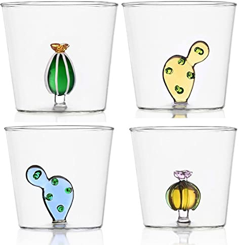 Ichendorf Lot de 4 verres à eau en verre décoré Cactus fleur rose Desert Plants