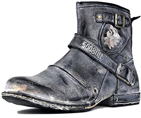 OSSTONE Herren Stiefel aus Rindsleder Lederstiefel mit Gummisohle Biker Boots mit Reißverschluss Männer Stiefeletten OS-5008-1-AN