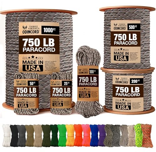 Three Vikings Tactical Paracord - Type IV 750lb 11-Strand Core - UV-Resistant Nylon Rope - Made in USA - 20 Colors, 5 Lengths - Desert Camo, 25 Ft.