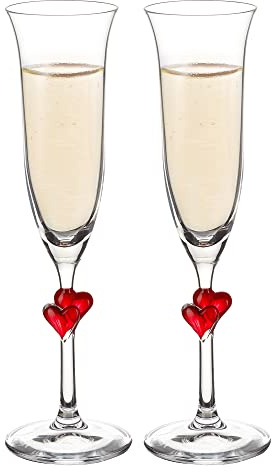 AMAVEL Sektglas mit roten Herzen am Stiel, Sektflöte aus Echtglas, Sektkelch, Geschenkidee für Paare, Füllmenge 175 ml