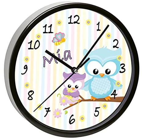 CreaDesign, Wanduhr Kinder personalisiert mit Name, Motiv Eule Frühling, Rahmen Wanduhr schwarz, Ø 19,5 cm