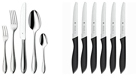 WMF Verona Besteckset, 60-teilig, spülmaschinengeeignet & Classic Line Frühstücksmesser Set 6-teilig, 23 cm, Brötchenmesser Wellenschliff, Brotzeitmesser, Spezialklingenstahl, Kunststoffgriff, schwarz