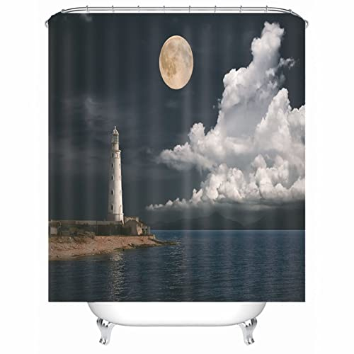 EHOMERY Duschvorhang Zum Einhängen Duschrollo Nach Maß Leuchtturm Wolke Polyester Weiß Schwarz Rostfreie Ösen Und 12 Hakenringe, 180X200Cm