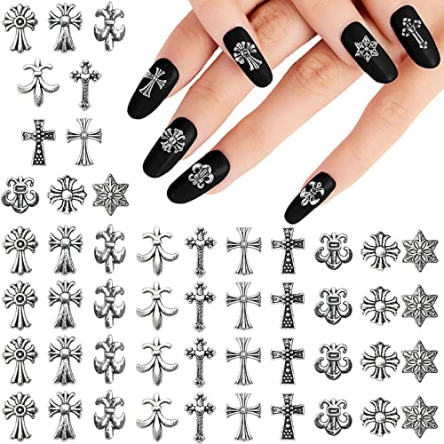 60 Stück Cross Nail Charms 3D Heart Star Mixed Style Sliver Nail Charms Metal Punk Vintage Nail Art Supplies für Acrylnagel Dekoration (1#)