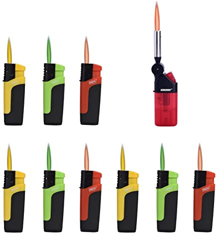 Sturmfeuerzeug Turbo Jetflame Gas Feuerzeug Color Flames, 9 Stück + 1x (Konsumany® Stab- Sturmfeuerzeug 12,5 cm Lang)