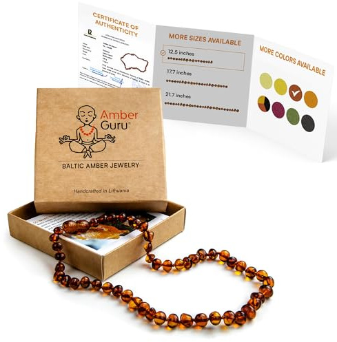 Amber Guru Baltic Amber Necklace (Authentic, Certified) - 12.5 inches - Unisex Jewelry - Polished Real Amber Beads - Proud to Deliver Genuine Baltic Sea Wonder Handmade (Cognac)