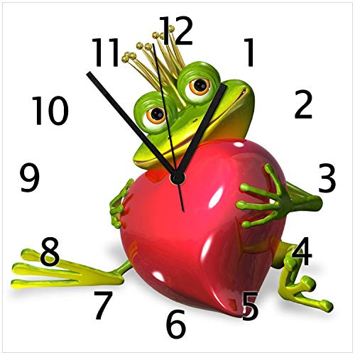 Wallario Design-Wanduhr Verliebter Froschkönig mit großem Herz aus Glas, Motiv-Uhr Größe 30 x 30 cm, Schwarze Zeiger