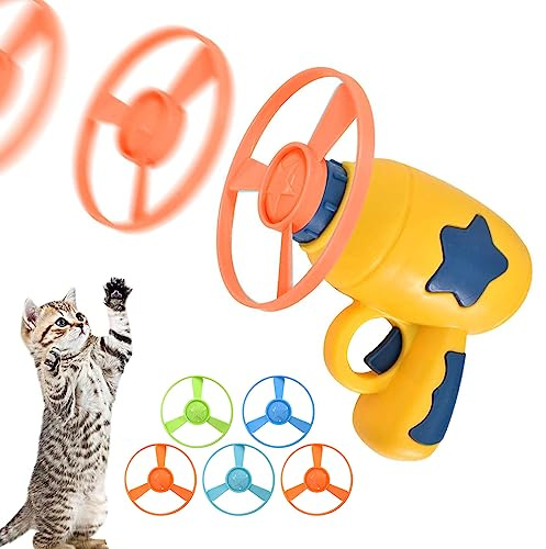 Juguetes para Gatos Interactivos,Hélices Voladoras de Colores Juguetes Interactivos de Seguimiento con 1 Lanzadore y 5 Discos Color Aleatorio,Juguetes para Gatos Perro Mascota Persecución Entrenamient