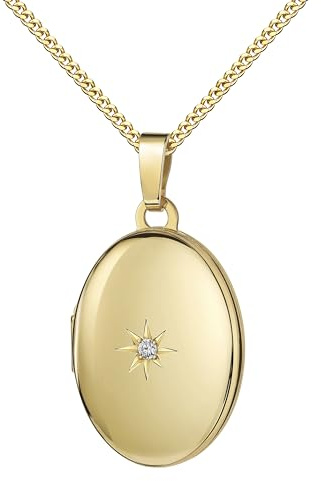 Medaillon Set Gold 333 mit Zirkonia für 2 Bilder Amulett Anhänger oval zum Öffnen für Damen + Schmuck-Etui und Halskette Mit hochwertiger Schmuck-Kette 925 Silber vergoldet - Kettenlänge 70 cm.