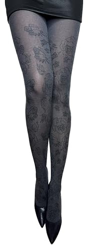 MARILYN gemusterte Strumpfhose mit Rosenmotive, 40 Denier, Größe 36/38 (S/M), Farbe Grau (melange & black)