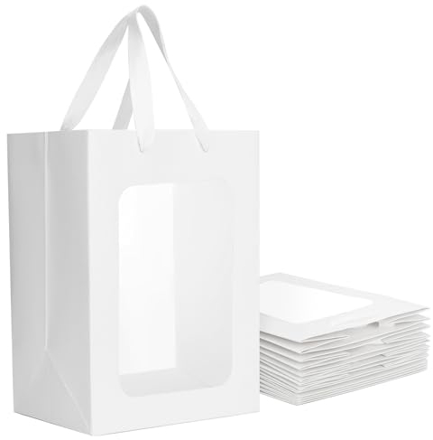 EUSOAR Sac Cadeau avec Fenêtre - 10 Pièces Blanc Sac en Papier avec Poignée - 230GSM Sac Cadeau pour Anniversaire - 18x13x25cm Boîte de Cadeau en Papier Kraft Sacs à Provisions Célébrations