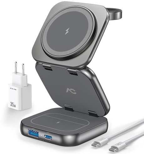 AC Island 5 in 1 Wireless Charging Station, Foldable Mag-Safe Charger Stand, Travel Wireless Charger for iPhone 16/15/14/13/12 Series, Apple Watch S1-9/Ultra 2, for Airpods 3/2/Pro (Grey)