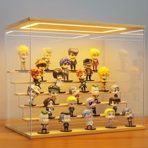 AZEYN Acryl Vitrine mit LED Beleuchtung, 3/4/5/6 Stufen Staubdicht Schaukasten für Minifiguren, Display Case Box für Modellautos Collectibles (Holz 6 Stufen 50×32×42cm)