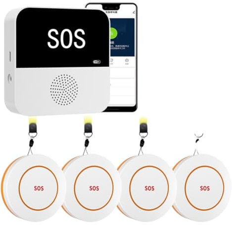 Pulsante Emergenza Anziani, 2.4GHz Wifi Wireless Salva Vita Anziani con 4 SOS Anziani e 1 Ricevitore, Pulsante Salvavita Anziani Ricaricabile Built-in 12 Allarme Suono per Anziani Gravida
