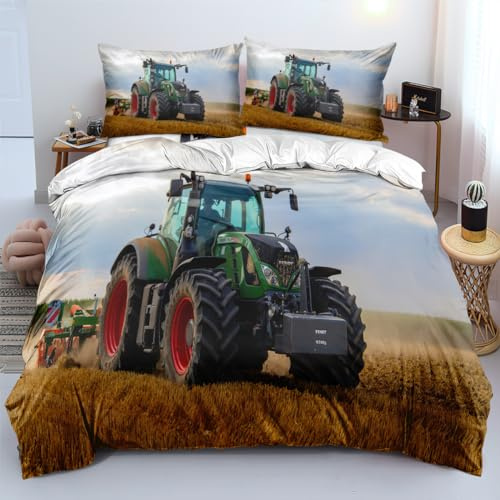 Kinde Bettbezug Set 135x200 Traktor Bettwäsche 135x200 Bettbezüge Set 3 Teilig 3D Traktoren Bauernhöfe Mähdrescher Motiv aus Mikrofaser Mit 2 Kissenbezüge 80x80cm und Reißverschluss Eckbändchen