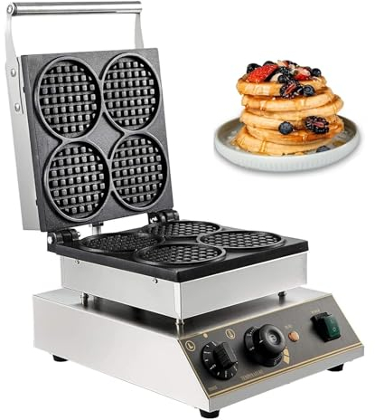 Commercial Round Waffle Maker, 4pcs Nonstick Electric Waffle Baker Machine 1750W Temperature Time Control Belgian Waffle Iron Maker for Restaurant Hotel Cafes Snack Bars Family