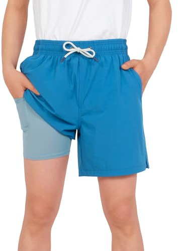 YOUNGSOUL Badbyxor pojkar badshorts med kompression barn 2 i 1 snabbtorkande badshorts boardshorts simbyxor, Vattenblå, 170 cm