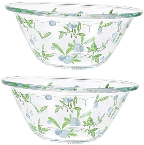 Mikinona 2pcs Transparent Glass Bowl Noodle and Salad Serving Bowls Creative Fruit Pattern Design for Breakfast and Dessert for Home and Parties