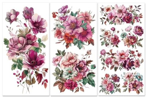 PLIGREAT 3 Fogli Fiori Vintage Strofinare Su Trasferimenti Per Mobili Acquerello Fiore Strofinare Su Adesivi Per Cassettiere In Legno Guardaroba Ceramica Scrapbooking Artigianato Adesivi Decorativi