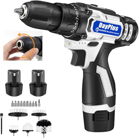 Cordless Drill Driver 12V, 3/8 Chuck Handheld Screwdriver Drill Set with 2 x 1.5Ah Battery and 5 Brushes, 2 Speeds Rechargeable Drills Cordless for Drilling Wood Metal Plastic