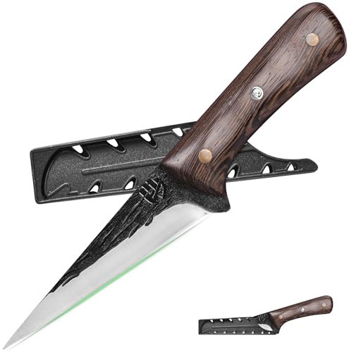 FULLHI 2pcs Manico in legno per disossare con fodero, coltello da pesca in acciaio ad alto tenore di carbonio per affettare e disossare, per cucinare in campeggio e per il barbecue. (Marrone, 13.9cm)