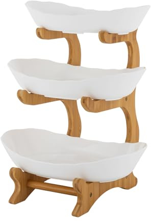 Chensyo Frutero de plástico de 3 niveles con estante de madera, soporte para tartas de frutas, resistente y duradero, para cocina, salón, decoración, verduras y frutas