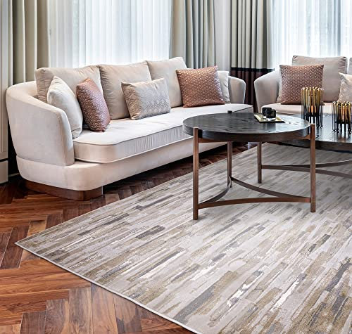 Lord of Rugs Aurora AU25 Impression Alfombra moderna abstracta metálica brillante beige plateado dorado perfecta para sala de estar, dormitorio o comedor, tamaño extra grande, 200 x 290 cm