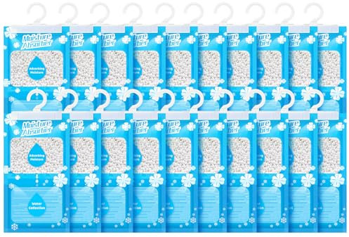 OMECO Bolsa de deshumidificación colgante, bolsa seca desechable a prueba de humedad, 20 x 230 g, granulado de deshumidificación, adecuado para lavandería, armario, estantería, etc., elimina los