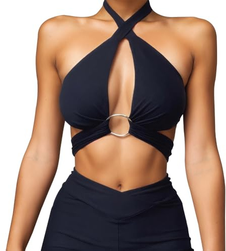 TTPSRY Debardeur Femme Tank Top Tops sans Manche Croisé Halter Anneau Métallique Haut Chic Élégant Vetement Ete Tshirt Coton Sport Cami Moderne