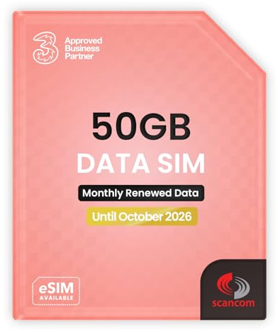 Three 50GB Data SIM Card – for Portable WiFi, Routers & Phones – Preloaded Monthly Until October 2026 – Dual Network (Three & Vodafone) Stronger Coverage