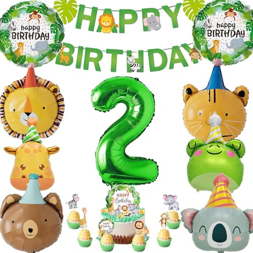AUNGKWANG Dschungel Deko 2 Geburtstag, 17 Stück Wild 2 Geburtstags Dekoration, waldtiere geburtstag deko 2 jahr, Safari Ballon Geburtstagsdeko für 2 Geburtstag Mädchen Junge Kinder